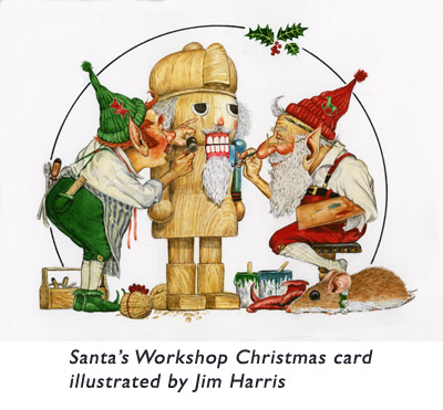 ‘Santa’s Workshop’   A greeting card illustration featuring a couple of 3D illustrators… with a few fancy illustration techniques of their own.